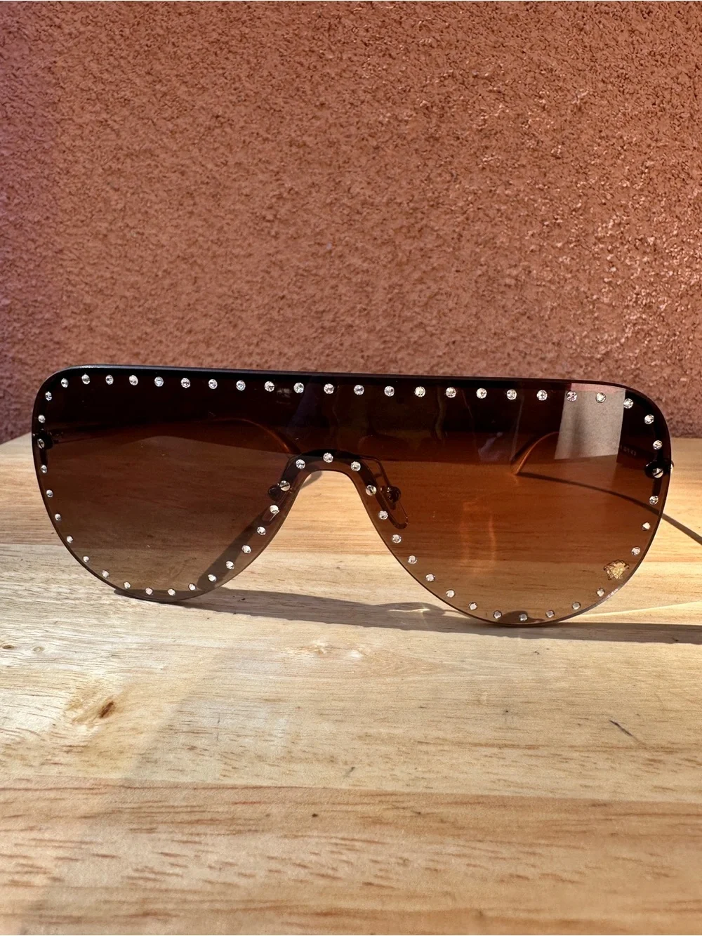 Versace Medusa Crystal Studded Shield Sunglasses Gold w/Brown Lens VE2230B